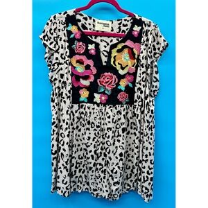 Savanna Jane Womens 1X Leopard Floral Embroidered Boho Babydoll cottagecore